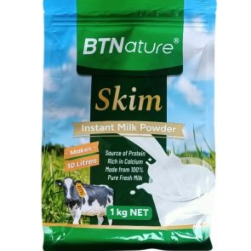 BTNature Skim Milk Powder 1kg, low-fat dairy milk powder rich in calcium and protein to support healthy daily nutrition, weight management and family use.