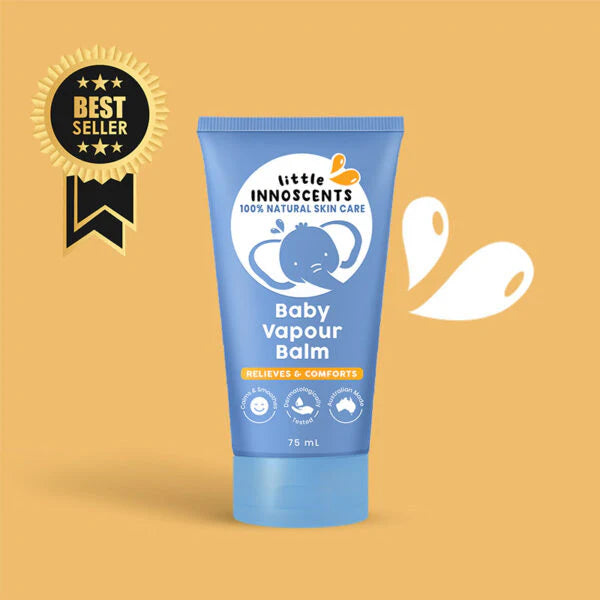 Little Innoscents Baby Vapour Balm 75ml organic baby chest rub with eucalyptus, peppermint and wintergreen oils to help soothe, comfort and support easier breathing for babies and children.