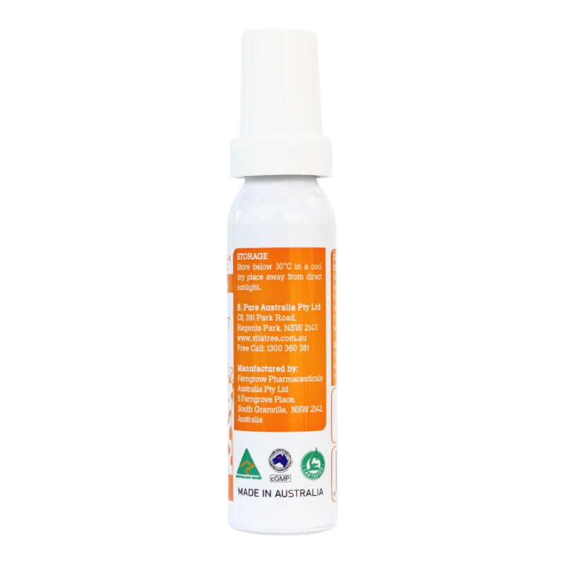 A white plastic spray bottle with a white cap, featuring an orange label with text and logos, including 'MADE IN AUSTRALIA' and Australian organic certification marks, on a plain white background.