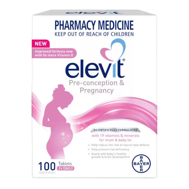 A box of Elevit Pre-conception & Pregnancy tablets, 100 count. The packaging is white with pink and blue accents, featuring a pregnant woman silhouette and a pink heart logo.