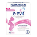 A box of Elevit Pre-conception & Pregnancy tablets, 100 count. The packaging is white with pink and blue accents, featuring a pregnant woman silhouette and a pink heart logo.