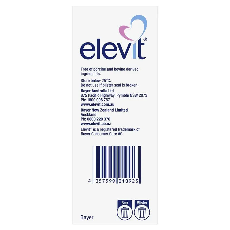 The back of a Bayer Elevit cat litter box packaging, showing the product details, barcode, and instructions on how to dispose of the box and blister pack.