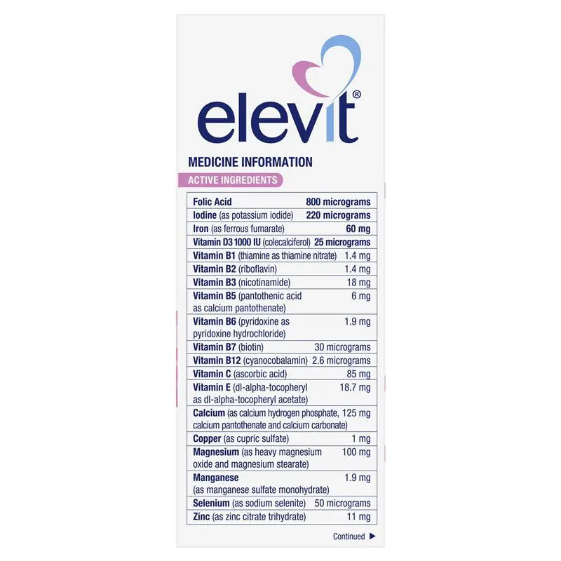 Elevit supplement packaging with detailed medicine information on a white background