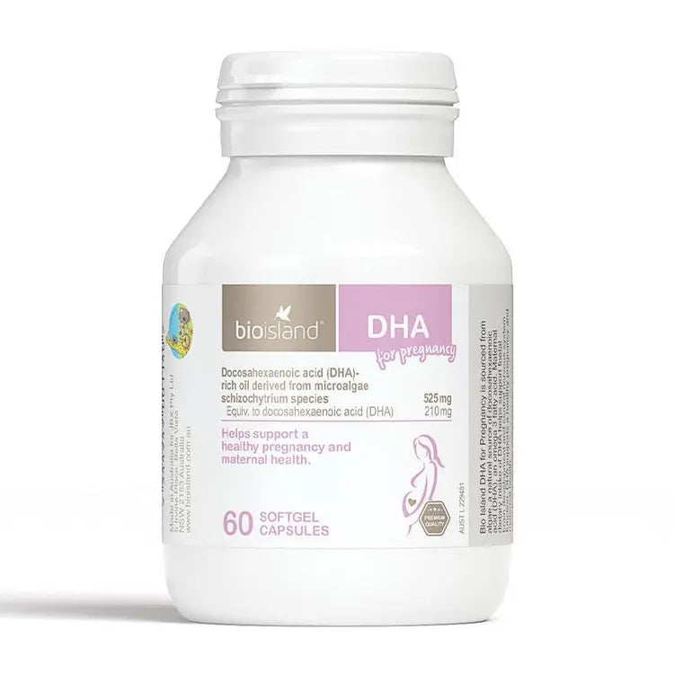 Bio Island DHA For Pregnancy 60 Soft Gel Capsules, prenatal omega-3 DHA supplement for pregnant women supporting fetal brain and eye development during pregnancy.