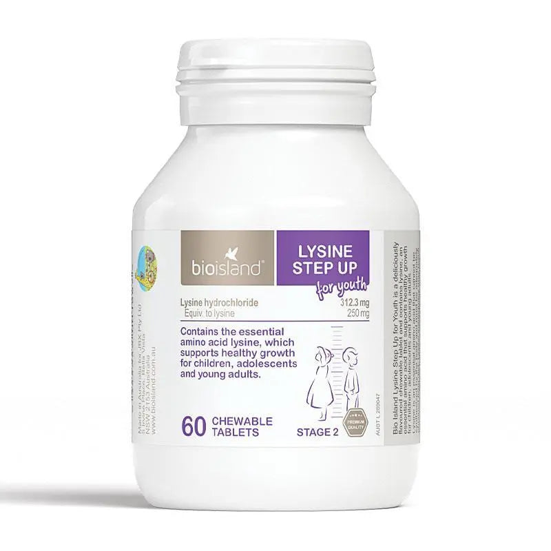 Bio Island Lysine Stage 2 60 Chewable Tablets, children's lysine supplement formulated to support healthy growth, development, appetite and nutritional intake for growing kids.