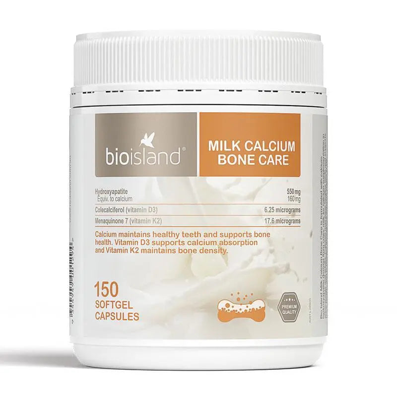 Bio Island Milk Calcium Bone Care 150 Softgel Capsules, milk-derived calcium supplement with vitamin D to support healthy bones, teeth and calcium absorption.