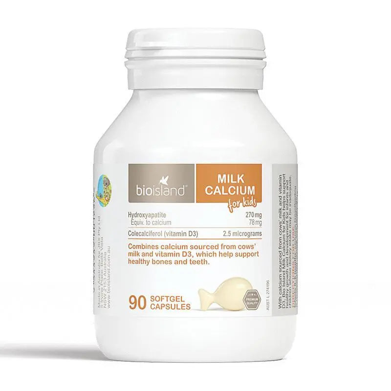 Bio Island Milk Calcium 90 Capsules, children's calcium supplement made from natural milk calcium to support healthy bone development, teeth strength and overall growth.