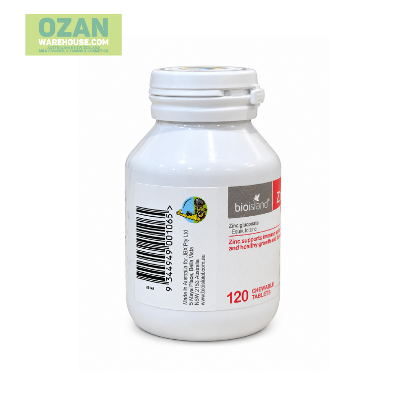 Bio Island Zinc for Kids 120 Chewable Tablets, children's zinc supplement formulated to support healthy growth, immune system function and overall development.