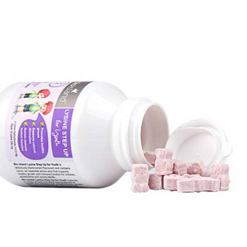Bio Island Lysine Stage 2 60 Chewable Tablets, children's lysine supplement formulated to support healthy growth, development, appetite and nutritional intake for growing kids.