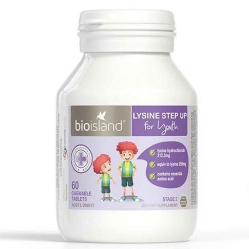 Bio Island Lysine Stage 2 60 Chewable Tablets, children's lysine supplement formulated to support healthy growth, development, appetite and nutritional intake for growing kids.