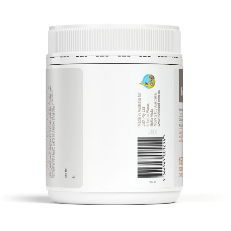 Bio Island Milk Calcium Bone Care 150 Softgel Capsules, milk-derived calcium supplement with vitamin D to support healthy bones, teeth and calcium absorption.