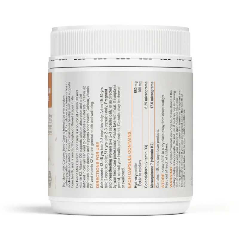 Bio Island Milk Calcium Bone Care 150 Softgel Capsules, milk-derived calcium supplement with vitamin D to support healthy bones, teeth and calcium absorption.