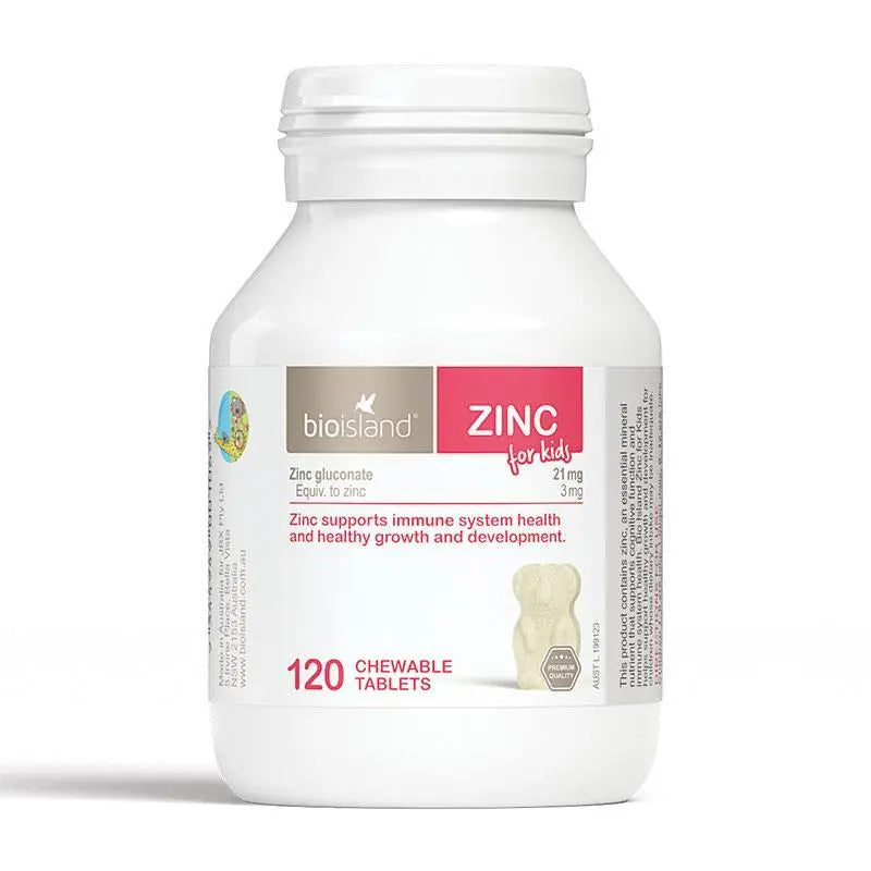 Bio Island Zinc for Kids 120 Chewable Tablets, children's zinc supplement formulated to support healthy growth, immune system function and overall development.