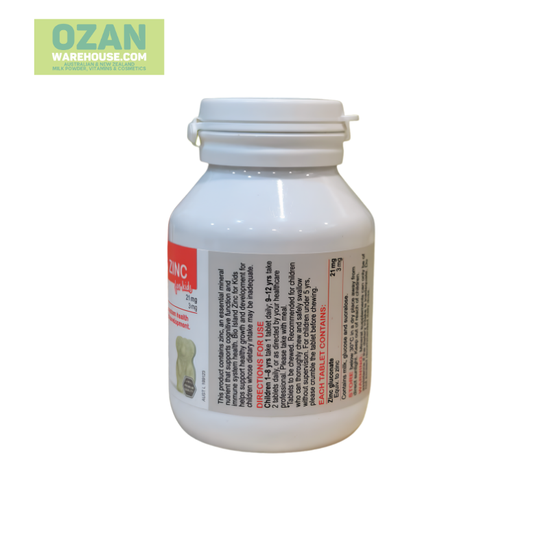 Bio Island Zinc for Kids 120 Chewable Tablets, children's zinc supplement formulated to support healthy growth, immune system function and overall development.