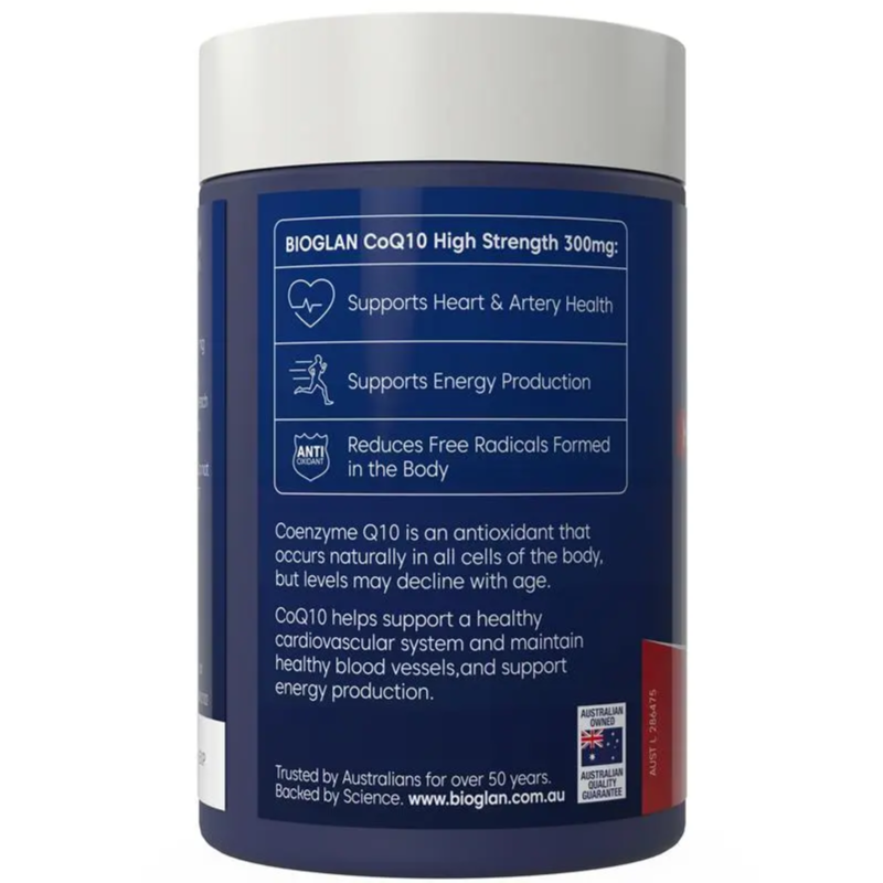 Bioglan CoQ10 High Strength 300mg 60 Capsules premium Australian Coenzyme Q10 dietary supplement in soft capsules.