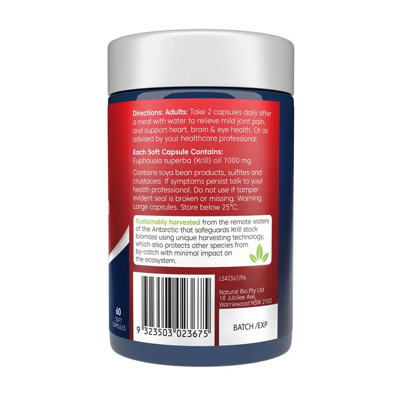Bioglan Red Krill Oil 1000mg 60 Capsules, high-strength krill oil supplement with omega-3 DHA and EPA to support heart, brain, eye and joint health.