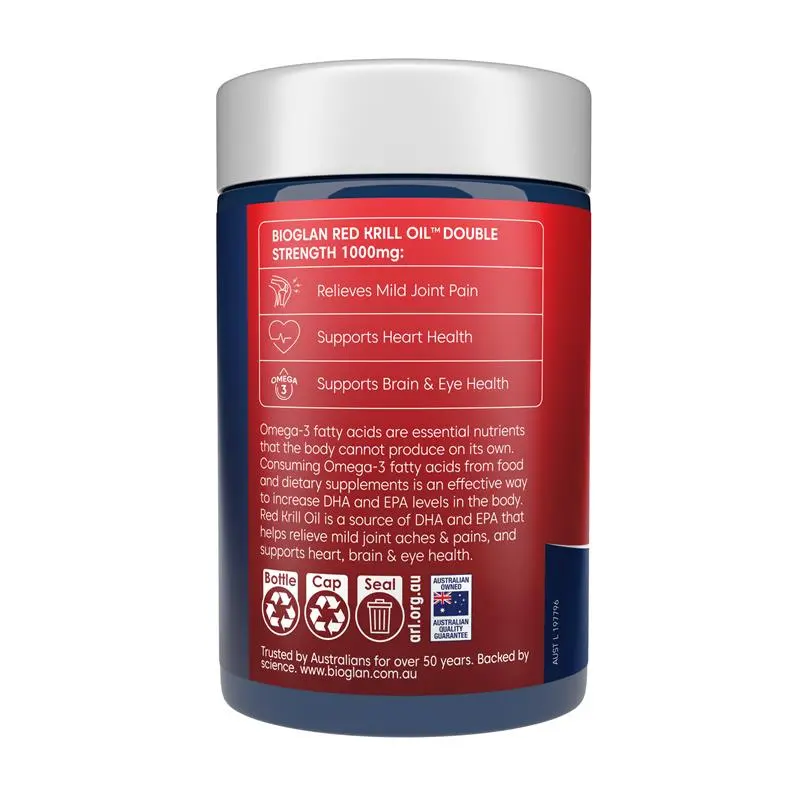 Bioglan Red Krill Oil 1000mg 60 Capsules, high-strength krill oil supplement with omega-3 DHA and EPA to support heart, brain, eye and joint health.