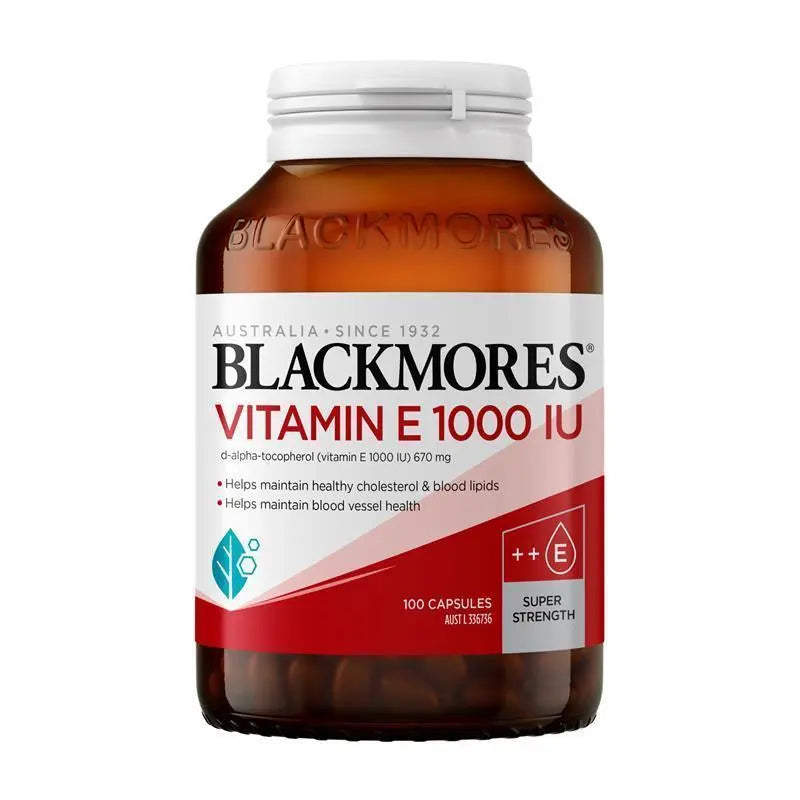 Blackmores Vitamin E 1000IU 100 Capsules, antioxidant supplement supporting skin health, cell protection and overall wellbeing.