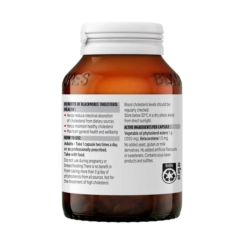 Blackmores Cholesterol Health 60 Capsules, plant sterol supplement formulated to support healthy cholesterol levels, cardiovascular health and overall heart wellbeing.