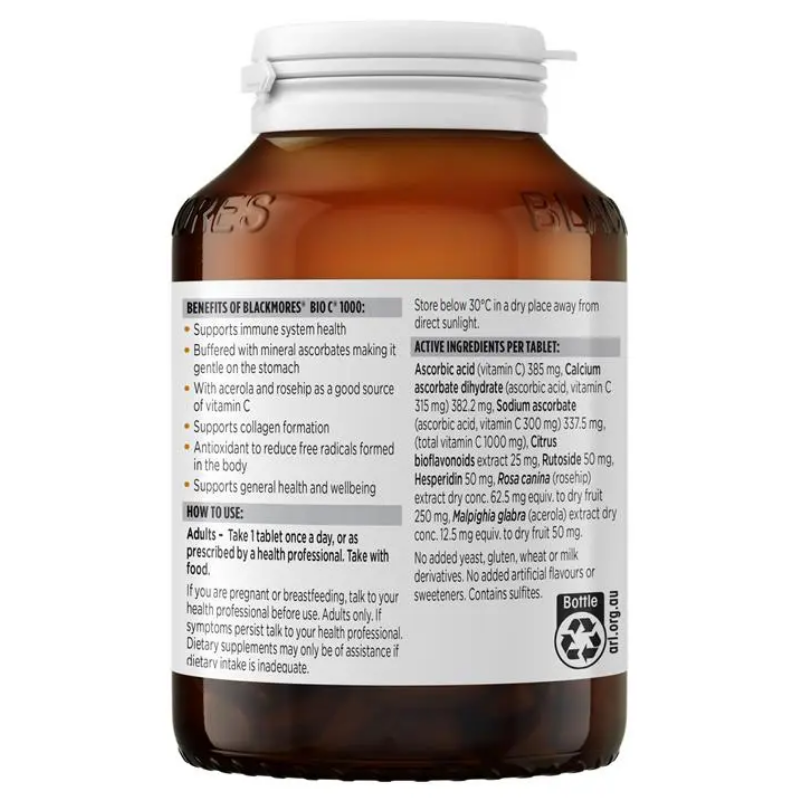Blackmores Bio C 1000 150 Tablets, high-strength vitamin C supplement with citrus bioflavonoids to support immune health, antioxidant protection and collagen production.