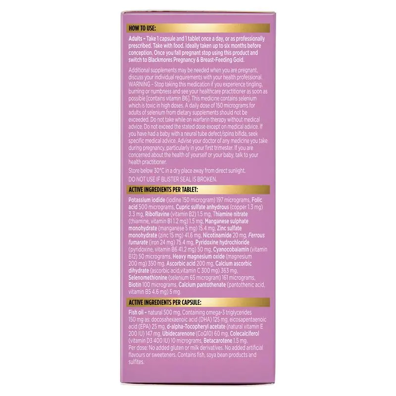 Blackmores Conceive Well Gold 56 Tablets, pre-conception multivitamin supplement for women providing folic acid, iodine and essential nutrients to support reproductive health and pregnancy preparation.
