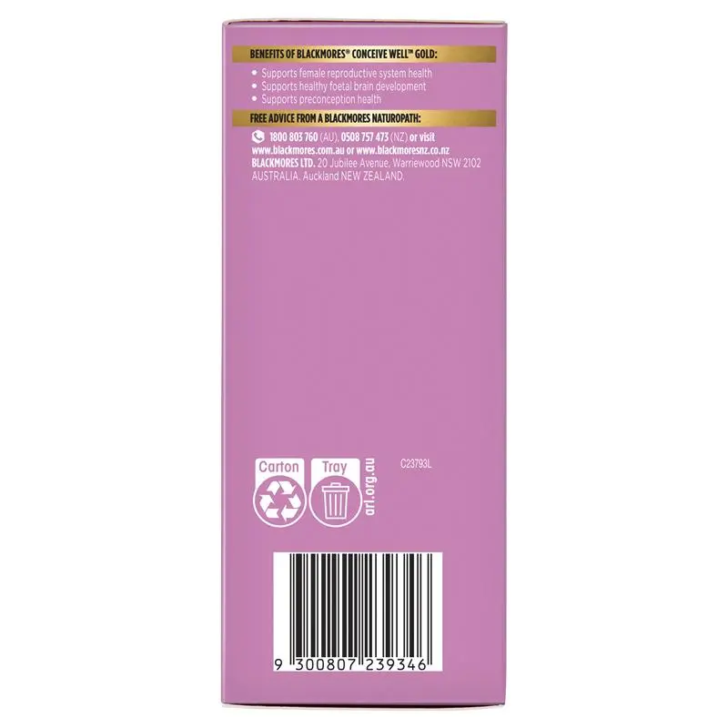 Blackmores Conceive Well Gold 56 Tablets, pre-conception multivitamin supplement for women providing folic acid, iodine and essential nutrients to support reproductive health and pregnancy preparation.