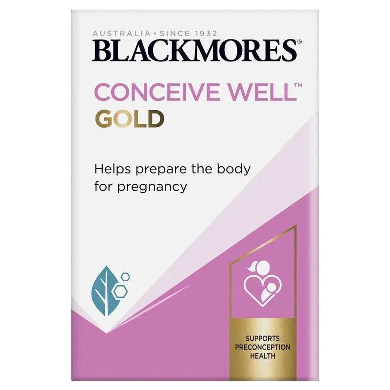 Blackmores Conceive Well Gold 56 Tablets, pre-conception multivitamin supplement for women providing folic acid, iodine and essential nutrients to support reproductive health and pregnancy preparation.