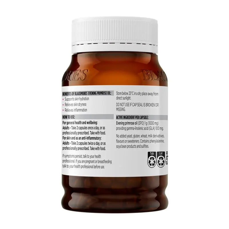 Blackmores Evening Primrose Oil 190 Capsules, natural omega-6 supplement providing gamma-linolenic acid (GLA) to support women's health and general wellbeing.
