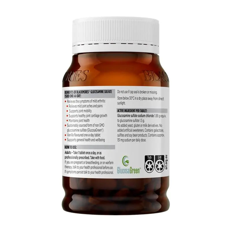 Buy Blackmores Glucosamine Sulfate 1500mg 180 Tablets. High-strength one-a-day glucosamine supplement with worldwide shipping available.