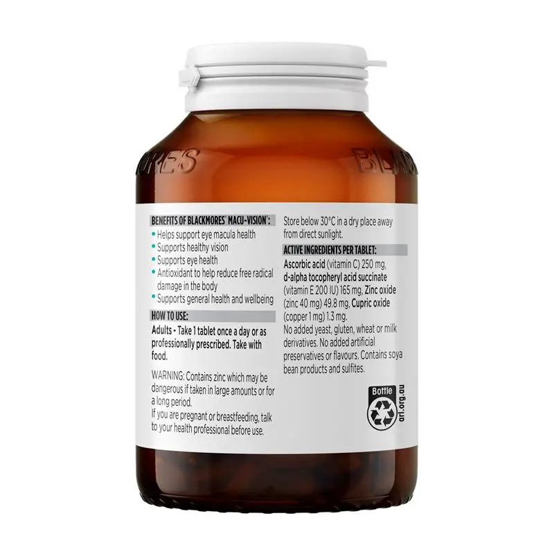Blackmores Macu-Vision 150 Tablets, antioxidant eye health supplement with vitamin C, vitamin E, zinc and copper to support macular health and healthy vision.