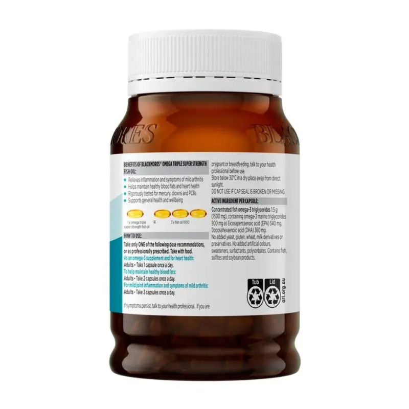 Blackmores Omega Triple Super Strength Fish Oil 150 Capsules premium Australian omega-3 fish oil supplement in soft capsules.