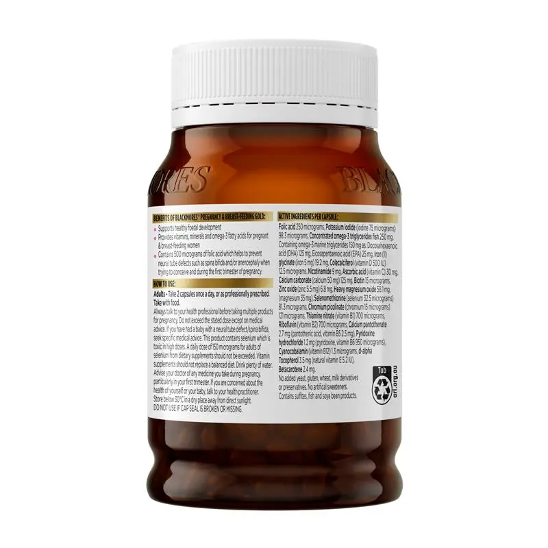 Blackmores Pregnancy & Breastfeeding Gold 180 Capsules, comprehensive prenatal multivitamin with DHA, folic acid, iodine, iron and vitamin D3 for pregnancy and breastfeeding support.