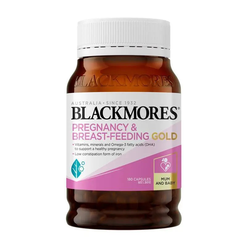Blackmores Pregnancy & Breastfeeding Gold 180 Capsules, comprehensive prenatal multivitamin with DHA, folic acid, iodine, iron and vitamin D3 for pregnancy and breastfeeding support.