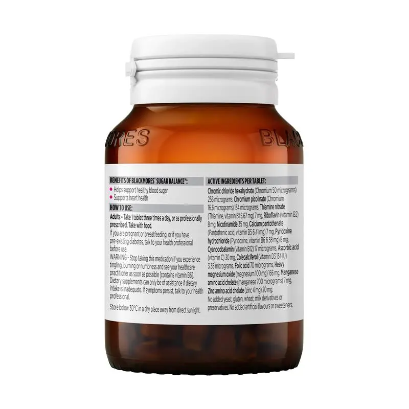 Blackmores Sugar Balance 90 Tablets, chromium-based supplement with zinc, magnesium and B vitamins to support sugar metabolism, carbohydrate metabolism and energy production.