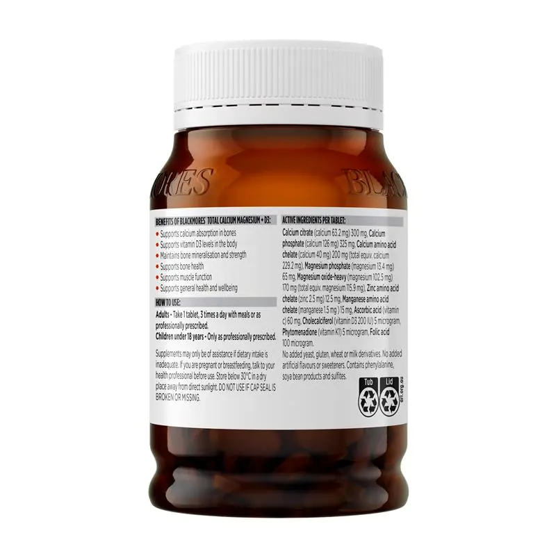 Blackmores Total Calcium Magnesium + D3 200 Tablets, comprehensive mineral supplement with calcium, magnesium and vitamin D3 to support bone strength, muscle function and healthy teeth.