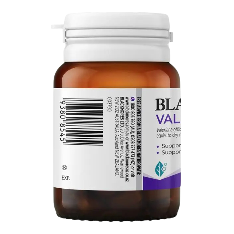 A bottle of Blackmores Valerian root supplement, showing the back label with a barcode, manufacturer details, and a purple accent logo, in an amber brown bottle with a white cap.