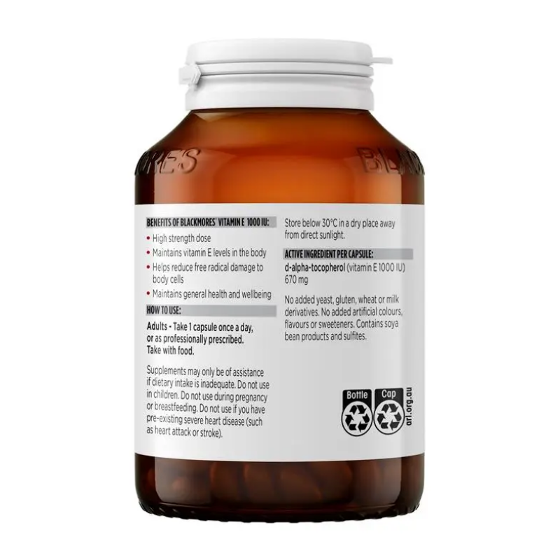 Blackmores Vitamin E 1000IU 100 Capsules, antioxidant supplement supporting skin health, cell protection and overall wellbeing.