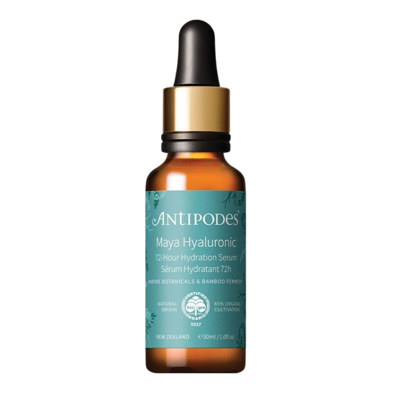 A 30ml amber glass dropper bottle of Antipodes Maya Hyaluronic 72 Hour Hydration Serum, featuring a teal label with white text and a gold collar, set against a plain white background.