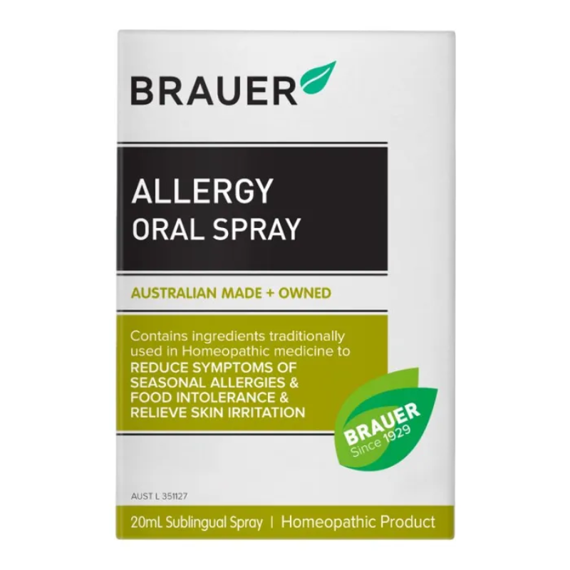 Brauer Allergy Oral Spray 20ml premium Australian homeopathic oral spray for seasonal allergies, food intolerance and skin irritation relief.
