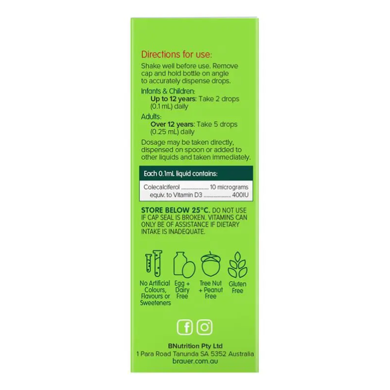 Brauer Baby & Kids Liquid Vitamin D 400IU 10ml premium Australian vitamin D3 liquid drops for babies and children from birth.