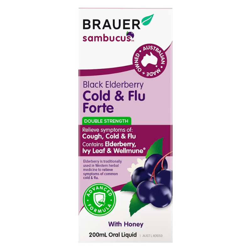 Brauer Black Elderberry Cold & Flu Forte Double Strength 200ml premium Australian elderberry liquid with Wellmune® and ivy leaf for adults.