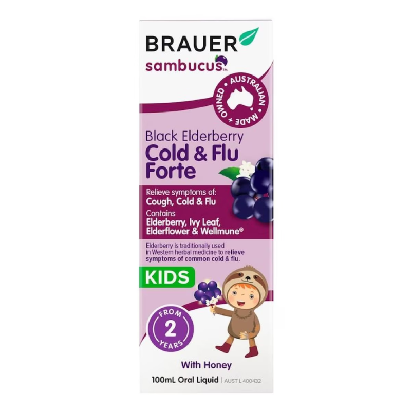 Brauer Black Elderberry Cold & Flu Forte Kids 100ml Australian herbal liquid with Black Elderberry, Wellmune®, Ivy Leaf and Honey for children.