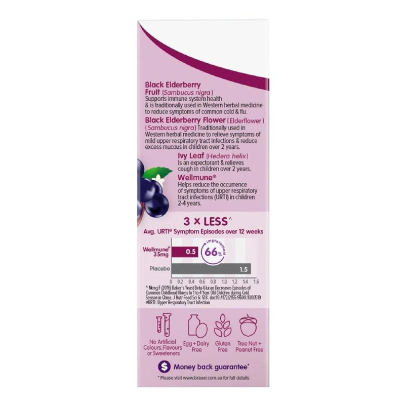 Brauer Black Elderberry Cold & Flu Forte Kids 100ml Australian herbal liquid with Black Elderberry, Wellmune®, Ivy Leaf and Honey for children.