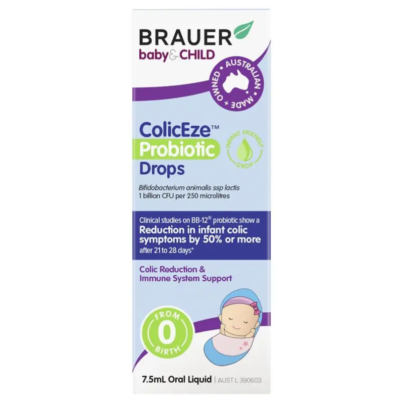 Brauer ColicEze Probiotic Drops 7.5ml premium Australian probiotic drops with BB-12® for infants from birth.