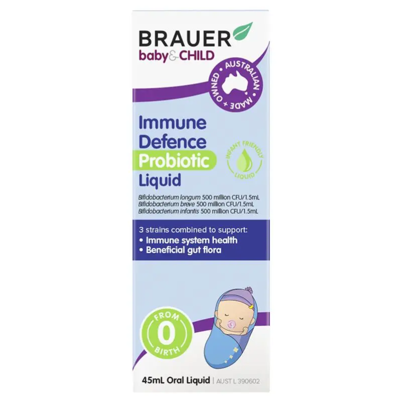 Brauer Immune Defence Probiotic Liquid 45ml premium Australian probiotic liquid with 3 Bifidobacterium strains for infants from birth.
