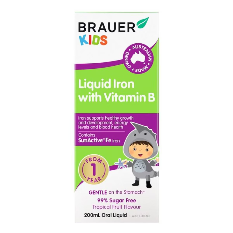 Brauer Liquid Vitamin B with Iron 200ml premium Australian liquid vitamin B complex with iron supplement for daily nutritional support.