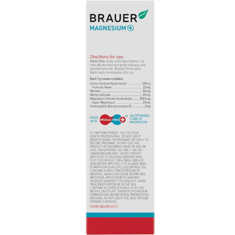 Brauer Magnesium+ Arnica Pain Relief Heat Cream 100g premium Australian warming magnesium cream with Arnica for muscle and joint comfort.