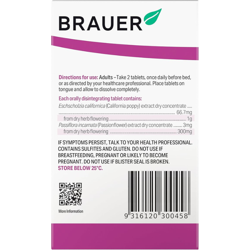 Brauer Sleep Fast 60 Tablets premium Australian rapid melt herbal sleep support tablets with California Poppy and Passionflower for adults.