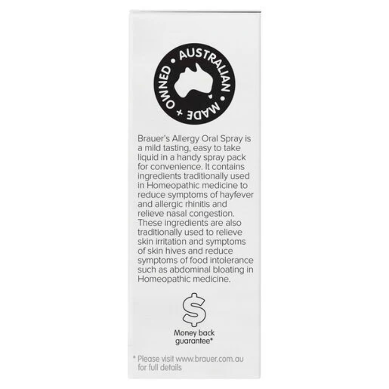 Brauer Allergy Oral Spray 20ml premium Australian homeopathic oral spray for seasonal allergies, food intolerance and skin irritation relief.