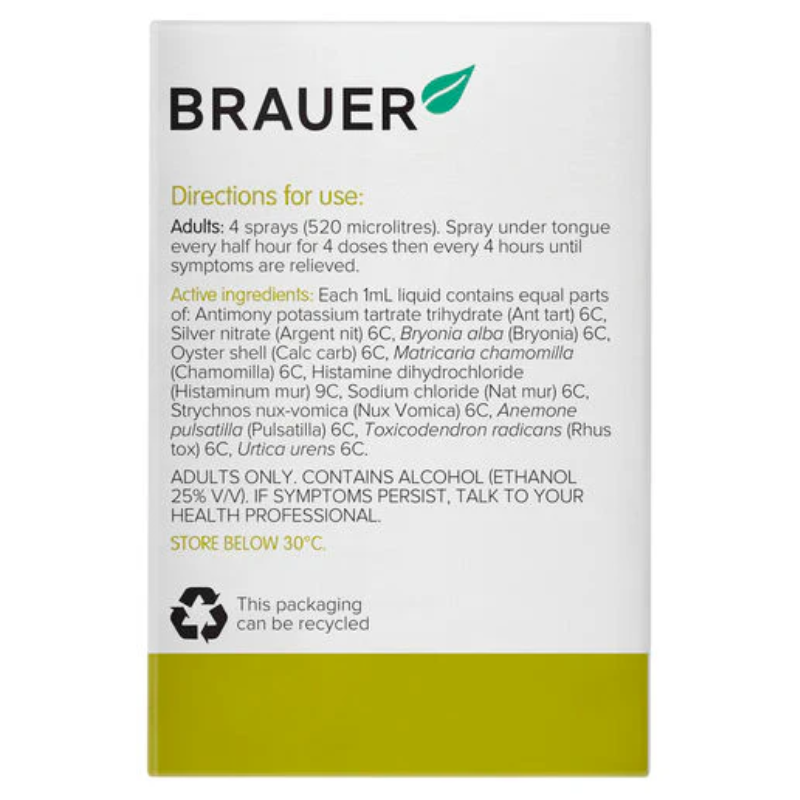 Brauer Allergy Oral Spray 20ml premium Australian homeopathic oral spray for seasonal allergies, food intolerance and skin irritation relief.